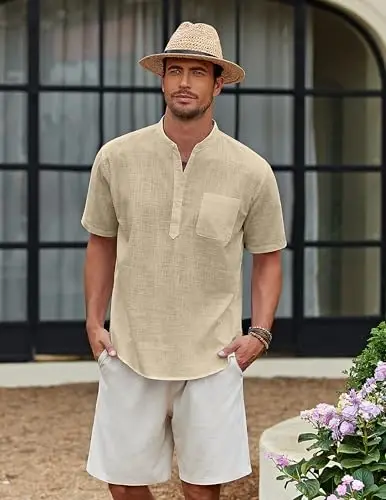 COOFANDY Men's Cotton Linen Henley Shirt Short Sleeve Hippie Casual Beach T-Shirts with Pocket - 3