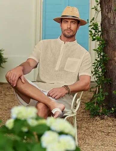 COOFANDY Men's Cotton Linen Henley Shirt Short Sleeve Hippie Casual Beach T-Shirts with Pocket - 2