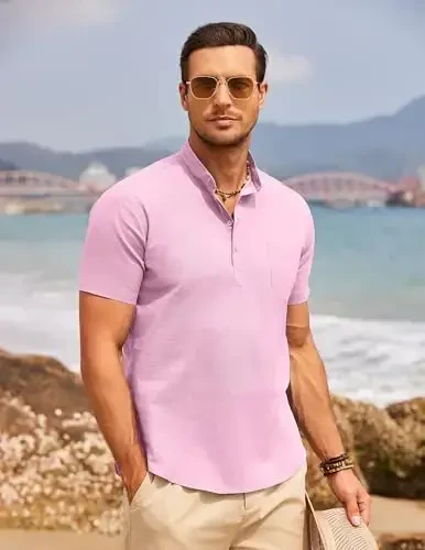 COOFANDY Men's Cotton Linen Henley Shirt Short Sleeve Hippie Casual Beach T-Shirts with Pocket - 2