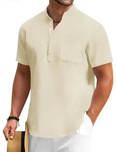 COOFANDY Men's Cotton Linen Henley Shirt Short Sleeve Hippie Casual Beach T-Shirts with Pocket - 1