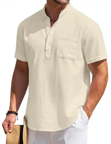 COOFANDY Men's Cotton Linen Henley Shirt Short Sleeve Hippie Casual Beach T-Shirts with Pocket - 1