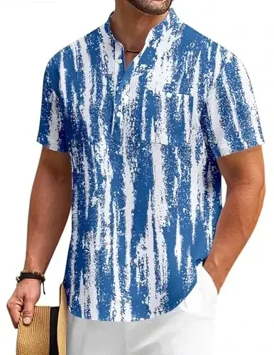 COOFANDY Men's Cotton Linen Henley Shirt Short Sleeve Hippie Casual Beach T-Shirts with Pocket - COOFANDY