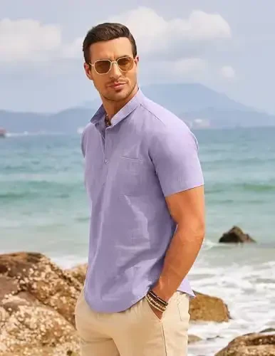 COOFANDY Men's Cotton Linen Henley Shirt Short Sleeve Hippie Casual Beach T-Shirts with Pocket - 2