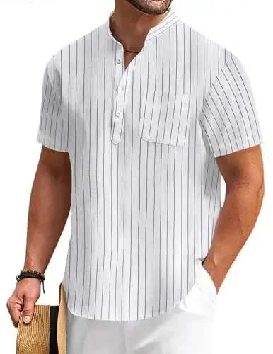 COOFANDY Men's Cotton Linen Henley Shirt Short Sleeve Hippie Casual Beach T-Shirts with Pocket - 1