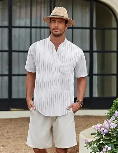 COOFANDY Men's Cotton Linen Henley Shirt Short Sleeve Hippie Casual Beach T-Shirts with Pocket - 3