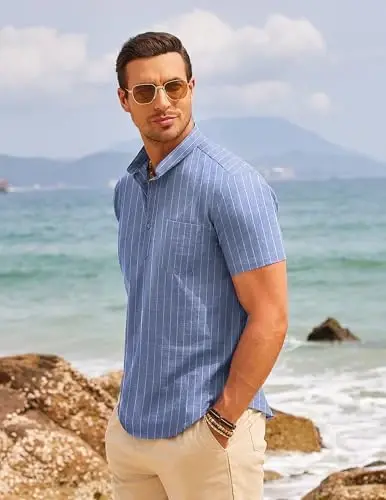 COOFANDY Men's Cotton Linen Henley Shirt Short Sleeve Hippie Casual Beach T-Shirts with Pocket - 3