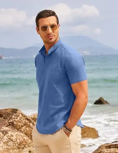 COOFANDY Men's Cotton Linen Henley Shirt Short Sleeve Hippie Casual Beach T-Shirts with Pocket - 3