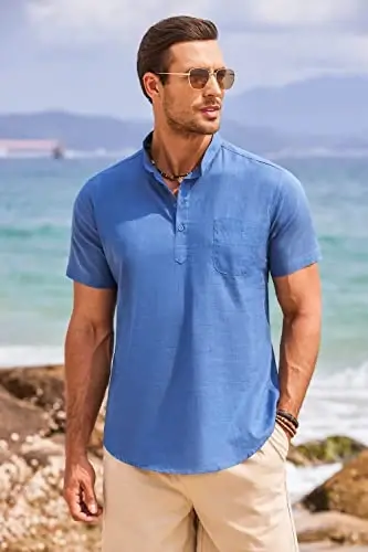 COOFANDY Men's Cotton Linen Henley Shirt Short Sleeve Hippie Casual Beach T-Shirts with Pocket - 4