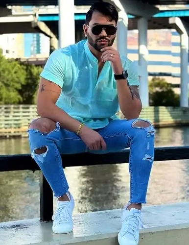 COOFANDY Men's Cotton Linen Henley Shirt Short Sleeve Hippie Casual Beach T-Shirts with Pocket - 2