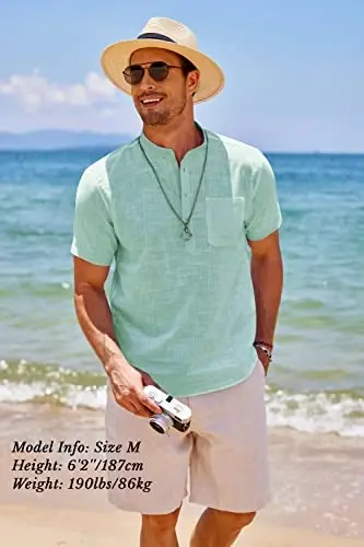COOFANDY Men's Cotton Linen Henley Shirt Short Sleeve Hippie Casual Beach T-Shirts with Pocket - 3