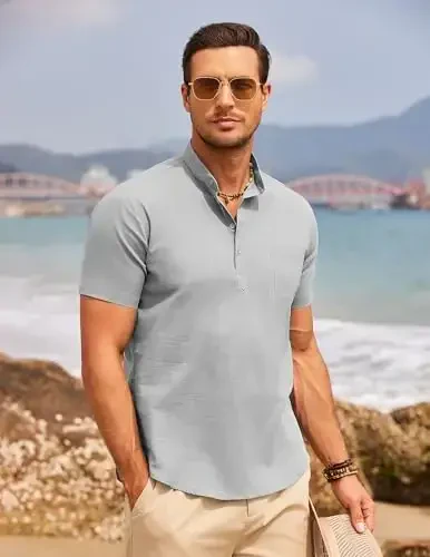 COOFANDY Men's Cotton Linen Henley Shirt Short Sleeve Hippie Casual Beach T-Shirts with Pocket - 2