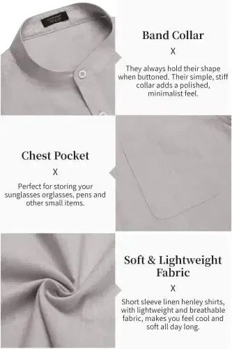 COOFANDY Men's Cotton Linen Henley Shirt Short Sleeve Hippie Casual Beach T-Shirts with Pocket - 4
