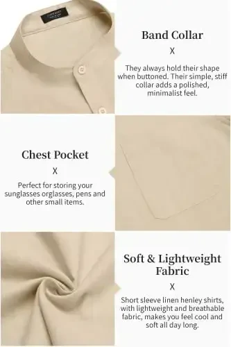 COOFANDY Men's Cotton Linen Henley Shirt Short Sleeve Hippie Casual Beach T-Shirts with Pocket - 5