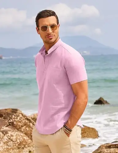 COOFANDY Men's Cotton Linen Henley Shirt Short Sleeve Hippie Casual Beach T-Shirts with Pocket - 3