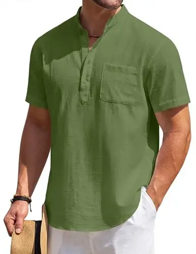 COOFANDY Men's Cotton Linen Henley Shirt Short Sleeve Hippie Casual Beach T-Shirts with Pocket - 1