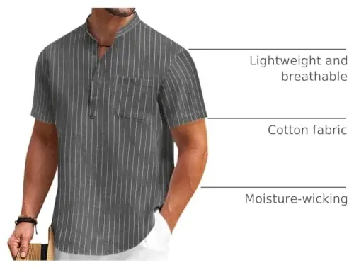 COOFANDY Men's Cotton Linen Henley Shirt Short Sleeve Hippie Casual Beach T-Shirts with Pocket - 4