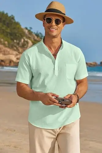 COOFANDY Men's Cotton Linen Henley Shirt Short Sleeve Hippie Casual Beach T-Shirts with Pocket - COOFANDY (1)