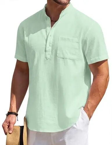 COOFANDY Men's Cotton Linen Henley Shirt Short Sleeve Hippie Casual Beach T-Shirts with Pocket - COOFANDY