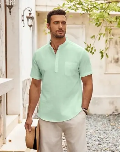 COOFANDY Men's Cotton Linen Henley Shirt Short Sleeve Hippie Casual Beach T-Shirts with Pocket - 3