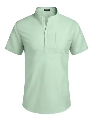 COOFANDY Men's Cotton Linen Henley Shirt Short Sleeve Hippie Casual Beach T-Shirts with Pocket - 4
