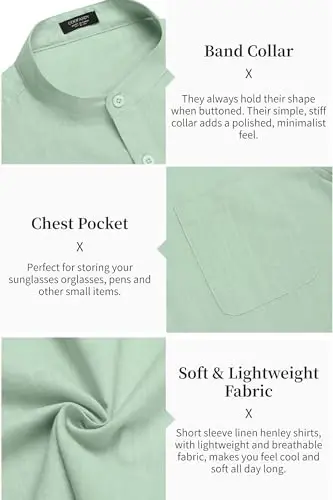 COOFANDY Men's Cotton Linen Henley Shirt Short Sleeve Hippie Casual Beach T-Shirts with Pocket - 5