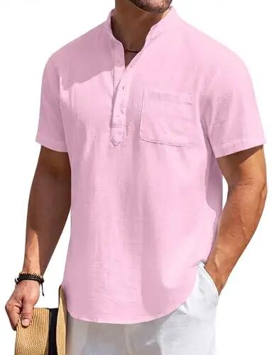 COOFANDY Men's Cotton Linen Henley Shirt Short Sleeve Hippie Casual Beach T-Shirts with Pocket - COOFANDY