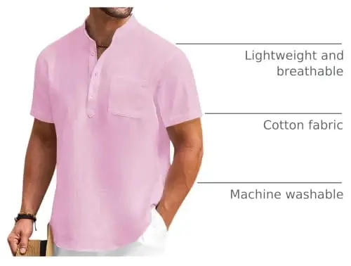COOFANDY Men's Cotton Linen Henley Shirt Short Sleeve Hippie Casual Beach T-Shirts with Pocket - 4