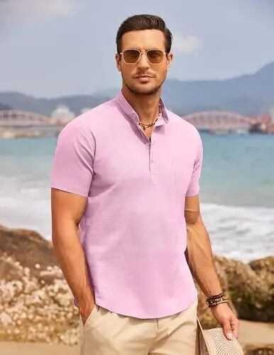 COOFANDY Men's Cotton Linen Henley Shirt Short Sleeve Hippie Casual Beach T-Shirts with Pocket - COOFANDY (1)