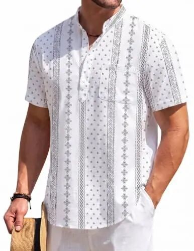 COOFANDY Men's Cotton Linen Henley Shirt Short Sleeve Hippie Casual Beach T-Shirts with Pocket - COOFANDY