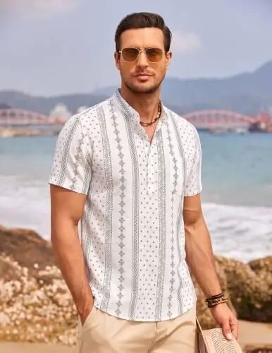 COOFANDY Men's Cotton Linen Henley Shirt Short Sleeve Hippie Casual Beach T-Shirts with Pocket - COOFANDY (1)