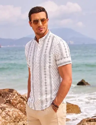 COOFANDY Men's Cotton Linen Henley Shirt Short Sleeve Hippie Casual Beach T-Shirts with Pocket - 3