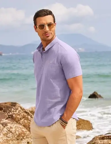 COOFANDY Men's Cotton Linen Henley Shirt Short Sleeve Hippie Casual Beach T-Shirts with Pocket - COOFANDY (1)