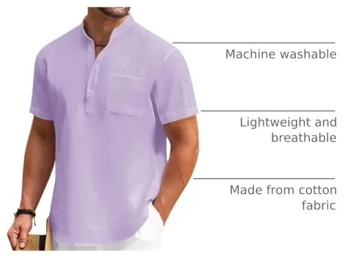 COOFANDY Men's Cotton Linen Henley Shirt Short Sleeve Hippie Casual Beach T-Shirts with Pocket - 4