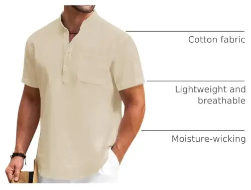 COOFANDY Men's Cotton Linen Henley Shirt Short Sleeve Hippie Casual Beach T-Shirts with Pocket - 4