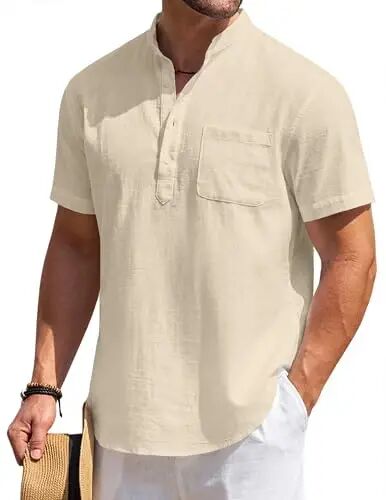 COOFANDY Men's Cotton Linen Henley Shirt Short Sleeve Hippie Casual Beach T-Shirts with Pocket - COOFANDY