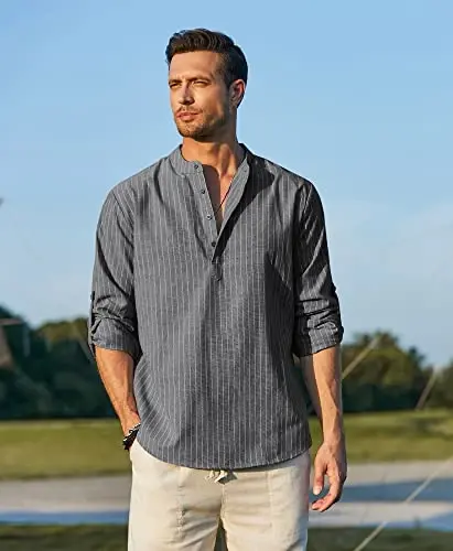 COOFANDY Men's Cotton Linen Henley T-Shirt Long Sleeve Hippie Casual Beach T-Shirts - 3