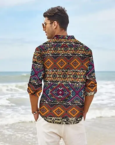 COOFANDY Men's Cotton Linen Henley T-Shirt Long Sleeve Hippie Casual Beach T-Shirts - 4