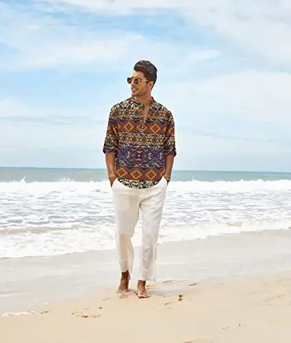 COOFANDY Men's Cotton Linen Henley T-Shirt Long Sleeve Hippie Casual Beach T-Shirts - 5