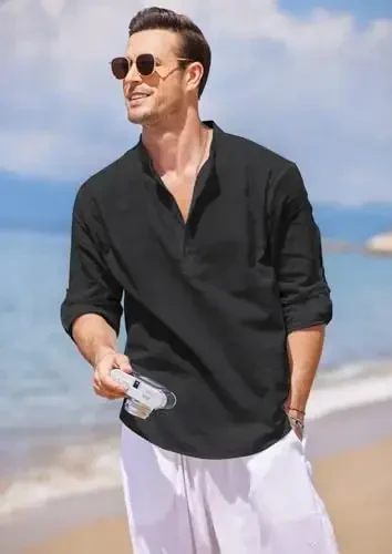 COOFANDY Men's Cotton Linen Henley T-Shirt Long Sleeve Hippie Casual Beach T-Shirts - 2