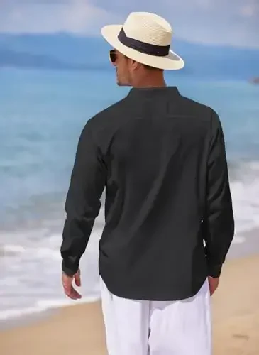 COOFANDY Men's Cotton Linen Henley T-Shirt Long Sleeve Hippie Casual Beach T-Shirts - 3