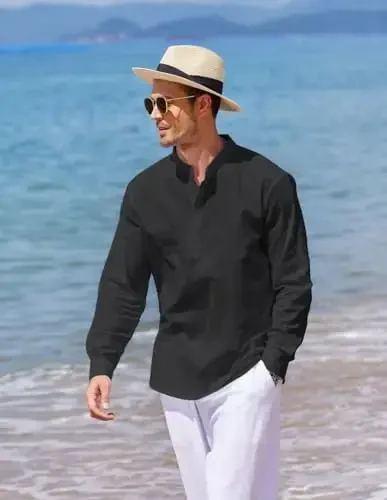 COOFANDY Men's Cotton Linen Henley T-Shirt Long Sleeve Hippie Casual Beach T-Shirts - 4