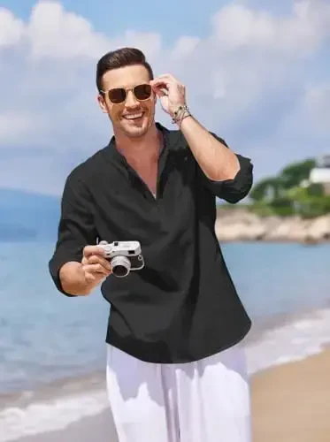 COOFANDY Men's Cotton Linen Henley T-Shirt Long Sleeve Hippie Casual Beach T-Shirts - 5