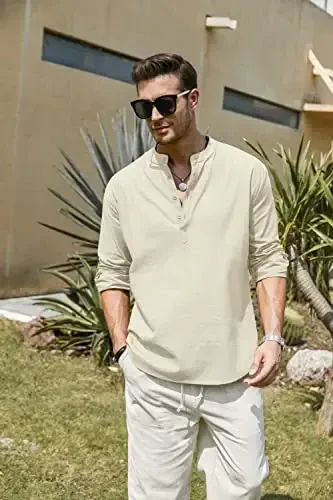 COOFANDY Men's Cotton Linen Henley T-Shirt Long Sleeve Hippie Casual Beach T-Shirts - 4