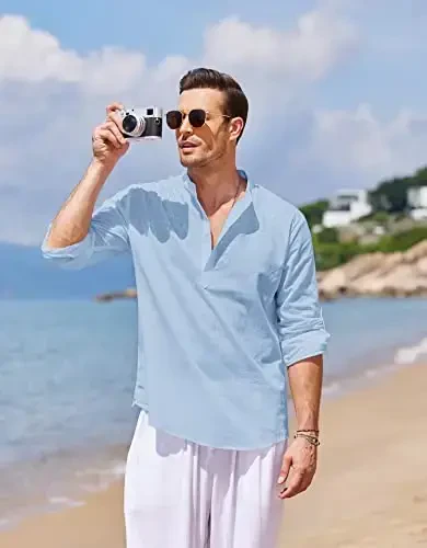 COOFANDY Men's Cotton Linen Henley T-Shirt Long Sleeve Hippie Casual Beach T-Shirts - 3