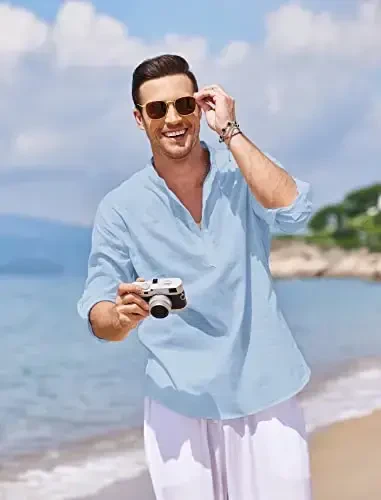 COOFANDY Men's Cotton Linen Henley T-Shirt Long Sleeve Hippie Casual Beach T-Shirts - 4