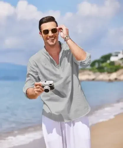 COOFANDY Men's Cotton Linen Henley T-Shirt Long Sleeve Hippie Casual Beach T-Shirts - 5