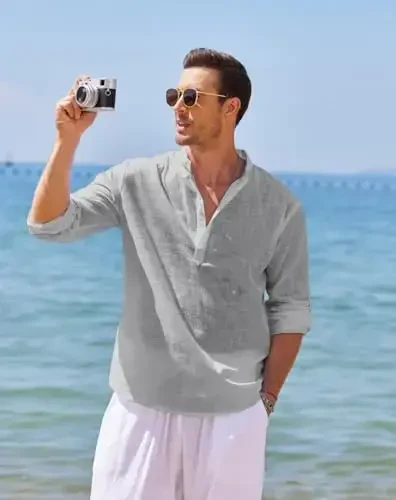 COOFANDY Men's Cotton Linen Henley T-Shirt Long Sleeve Hippie Casual Beach T-Shirts - 6