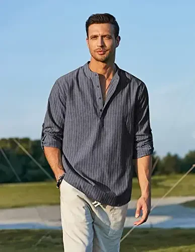 COOFANDY Men's Cotton Linen Henley T-Shirt Long Sleeve Hippie Casual Beach T-Shirts - 3