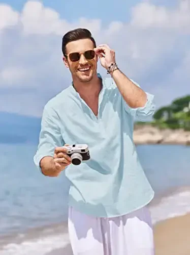 COOFANDY Men's Cotton Linen Henley T-Shirt Long Sleeve Hippie Casual Beach T-Shirts - 3