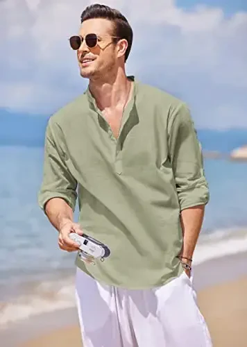 COOFANDY Men's Cotton Linen Henley T-Shirt Long Sleeve Hippie Casual Beach T-Shirts - 2